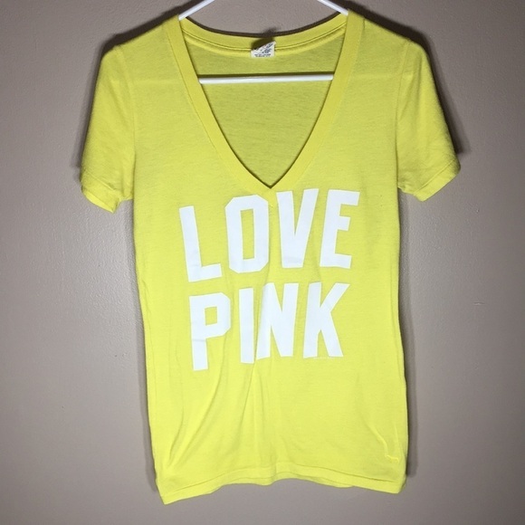 Pink Victoria’s Secret T-shirt size small yellow PINK VS SHIRT v-neck light​​ - Picture 3 of 6